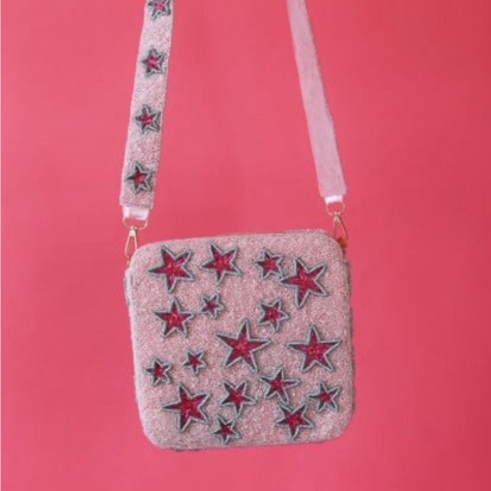 Pink with Silver Star Seed Bead Handbag